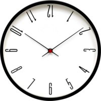 Elegant minimalist wall clock showcasing a sleek black frame contrasting a pristine white dial adorned with uniquely styled numerals symbolizing the passage of time png