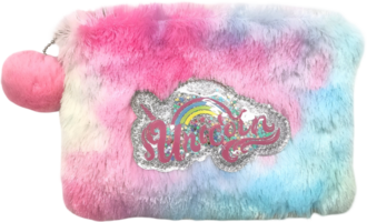 Fuzzy unicorn pouch with colorful design and shimmering embellishments png