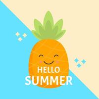 Background with pineapple and text Hello Summer. Summer poster with exotic fruits and inscriptions vector