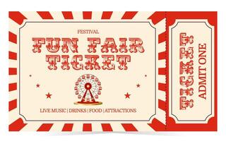 Fun fair ticket in retro style with ferris wheel. Flat illustration on white background vector