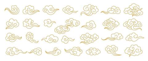 Outline style set of traditional Chinese clouds with swirling decorative elements,isolated on a white background vector
