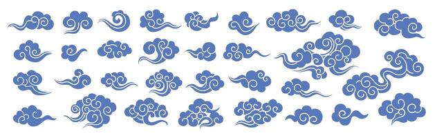 Solid style set of traditional Chinese clouds with swirling decorative forms , Chinese cloud element collection. Elegant clouds and waves in Japanese style. Asian traditional vector