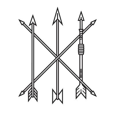 Intricate minimalist line art illustration depicting crossed arrows with sharp arrowheads representing direction and precision in black and white