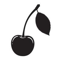 Elegant black and white cherry silhouette depicting a single fruit with stem and leaf isolated on white background vector