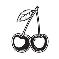 illustration of two ripe cherries with a leaf in a simple black and white silhouette vector