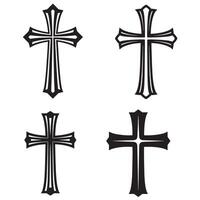 Four black crosses with decorative designs on a white background suitable for religious concepts and spiritual symbolism silhouette style vector