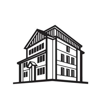 Elegant architectural silhouette of a modern two story building with gable roof and window details for design projects vector