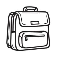 Simple black and white outline illustration of a classic backpack with a front pocket. vector