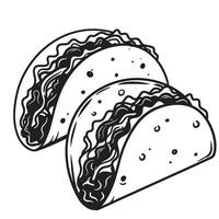 Two delicious and artistic mexican tacos depicted in a simple black and white silhouette perfect for food-related design projects. vector