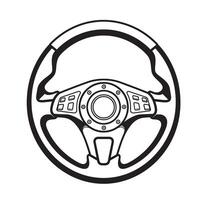 Illustrated black and white silhouette of a modern car steering wheel with buttons and control components for automotive designs vector