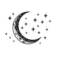 Elegant hand drawn silhouette of crescent moon and stars in a celestial night sky composition perfect for various design projects vector
