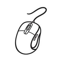 Simple black and white silhouette drawing of a computer mouse with scroll wheel and two buttons showing technology usage and communication. vector