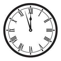 Minimalist black and white silhouette of a clock face design featuring roman numerals and clock hands showing the time vector