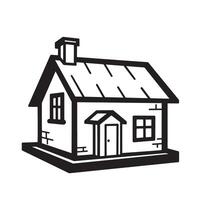 Simple black and white silhouette illustration of a traditional house with a chimney and two windows depicting residential architecture vector
