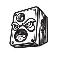 illustration of an angry grinning silhouette loudspeaker in a detailed and expressive black and white drawing vector