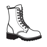 A detailed black and white illustration of a combat silhouette boot showcasing the intricate design and laced-up style. vector