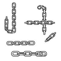 Various stylized black and white illustrations of different chain configurations presented on a plain white background in simple silhouette forms. vector