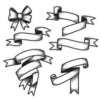 Elegant hand drawn illustration of various ribbon banners and a decorative bow silhouette design element for stylish announcements vector