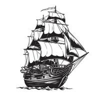 Classic silhouette of a detailed sailing ship with billowing sails and nautical design against a clean white background. vector