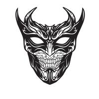 Intricate silhouette depicting a devilish mask with horns and detailed ornamental tattoo artistry on a white background vector