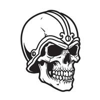 Detailed black and white illustration of a menacing skull wearing a decorative helmet silhouette style for tattoo design or apparel vector
