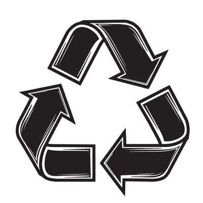 Black and white hand drawn silhouette of a recycle symbol illustrating environmental sustainability and conservation concepts