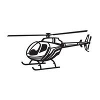 Simple black and white aviation illustration of a helicopter in flight with a clean and minimalist design representing travel vector