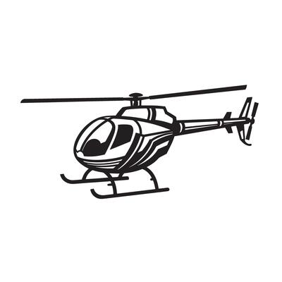 Simple black and white aviation illustration of a helicopter in flight with a clean and minimalist design representing travel