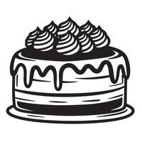 Black and white hand drawn silhouette illustration of a delicious cake with creamy frosting and decorative top elements. vector