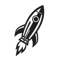 Simple monochrome illustration of a retro-styled rocket ship blasting off against a plain white background in silhouette vector