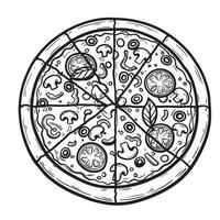 Black and white illustrative silhouette of a classic pizza featuring mushroom tomato and basil slice illustrations isolated on white background vector