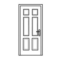 Simple outline illustration of a closed door with panel details including the handle and door frame rendered in black and white. vector