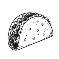 Detailed line art illustration of a delicious taco with filling in a hand drawn silhouette style for food related designs vector
