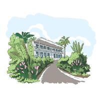 Tropical resort hotel in the lush greenery all around vector