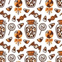 seamless pattern featuring a whimsical jar filled, candies shaped like eyes, lollipops, skulls, and bats. playful design captures the fun and spooky essence of Halloween, perfect for festive prints. vector