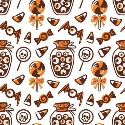 seamless pattern featuring a whimsical jar filled, candies shaped like eyes, lollipops, skulls, and bats. playful design captures the fun and spooky essence of Halloween, perfect for festive prints.