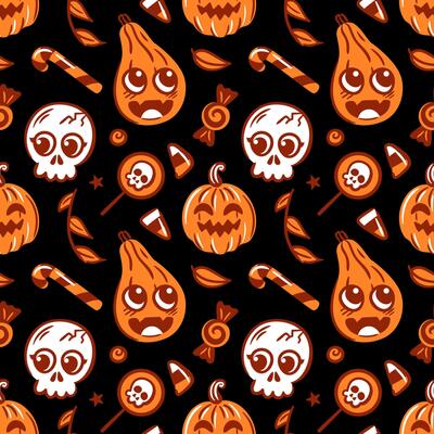 seamless pattern featuring cute kawaii skulls, pumpkins, lollipops. This charming design combines playful elements with a spooky twist, perfect for Halloween-themed products and festive decorations.