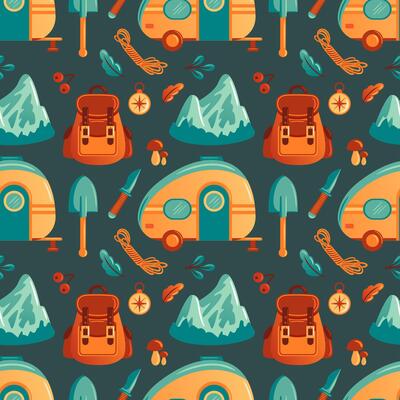 illustration features a vibrant camping-themed pattern with elements like colorful trailers, backpacks, mountains, tools, and nature motifs. Perfect for outdoor and adventure-inspired designs.