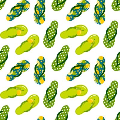 illustration of colorful flip-flops with various patterns green with lemon slices, and green with white polka dots.