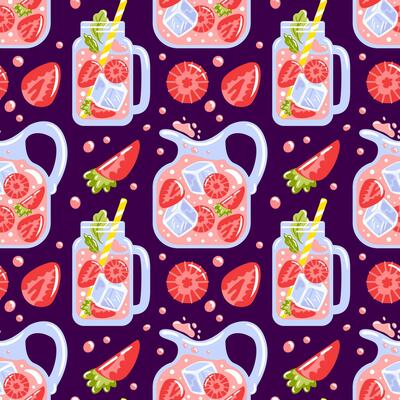 Seamless pattern with refreshing strawberry lemonade in a pitcher. Bright strawberries, piquant berry slices create a cheerful summer atmosphere, perfect for drinks and desserts.