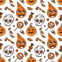 seamless pattern features adorable kawaii skulls, playful pumpkins, and colorful lollipops. for Halloween-themed projects, it blends fun and spooky elements in a visually appealing design. vector
