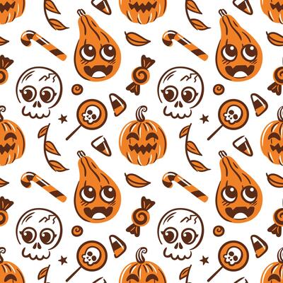 seamless pattern features adorable kawaii skulls, playful pumpkins, and colorful lollipops. for Halloween-themed projects, it blends fun and spooky elements in a visually appealing design.