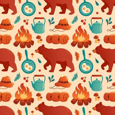 whimsical illustration features a charming camping pattern with bears, campfires, cooking utensils, and nature elements. Perfect for outdoor-themed projects and adventure designs.