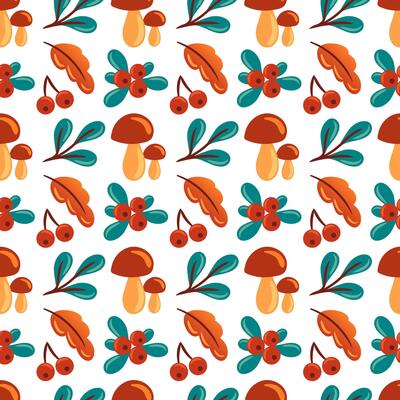 This seamless pattern features porcini mushroom, lingonberries, and foliage, creating a harmonious blend of nature. Perfect for eco-friendly designs, packaging, and autumn-themed projects.