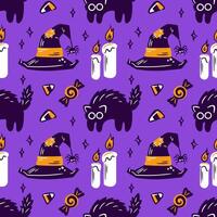 seamless pattern features whimsical witch hats, black cats, glowing candles, and an assortment of candies. Perfect for Halloween-themed designs, it adds a spooky yet fun touch to any project. vector