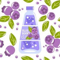 Seamless pattern featuring colorful soda bottles, refreshing blueberry drink, berries and leaves. Perfect for summer designs, brings a fun and refreshing touch to beverage related projects. vector