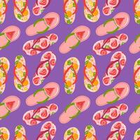 seamless pattern features vibrant flip-flops adorned with playful designs of watermelon, strawberry, and orange. Perfect for capturing the essence of summer fun and warmth in any creative project. vector