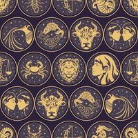 seamless pattern showcases zodiac signs in an elegant golden design against a dark background. Perfect for astrology-themed projects, this luxurious illustration adds a touch of mystique vector