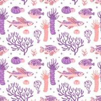 This charming illustration features a playful underwater pattern with vibrant fish and various corals. The soft pastel colors create a whimsical and lively marine atmosphere vector