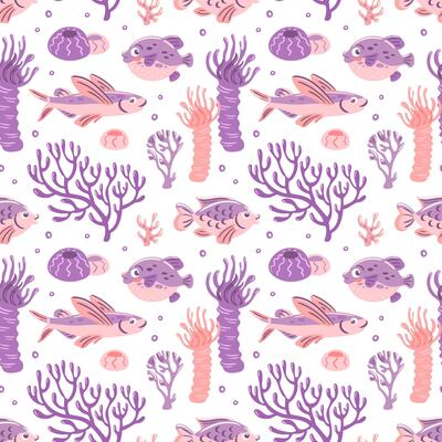 This charming illustration features a playful underwater pattern with vibrant fish and various corals. The soft pastel colors create a whimsical and lively marine atmosphere